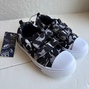 Toddler Boys Shoes Canvas Black Gray Velcro White Hook and Loop Shark Print